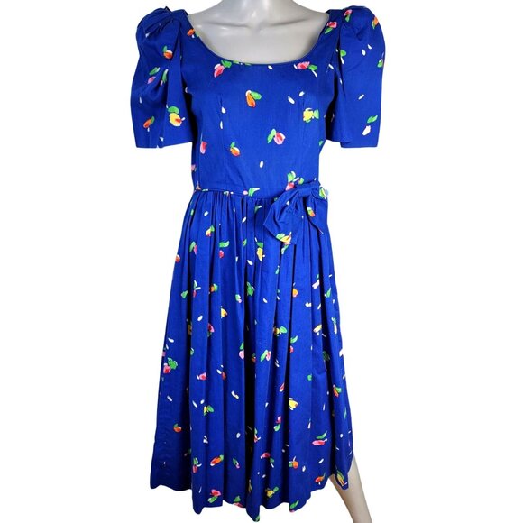 Vintage Dresses & Skirts - Vintage 80s Midi Dress Women 8 Blue Colorful Floral Puff Sleeves Fit & Flare Bow